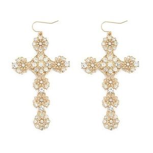 🔥4/$20 Ornate Cross crystal rhinestone earrings fish-hook back baroque period